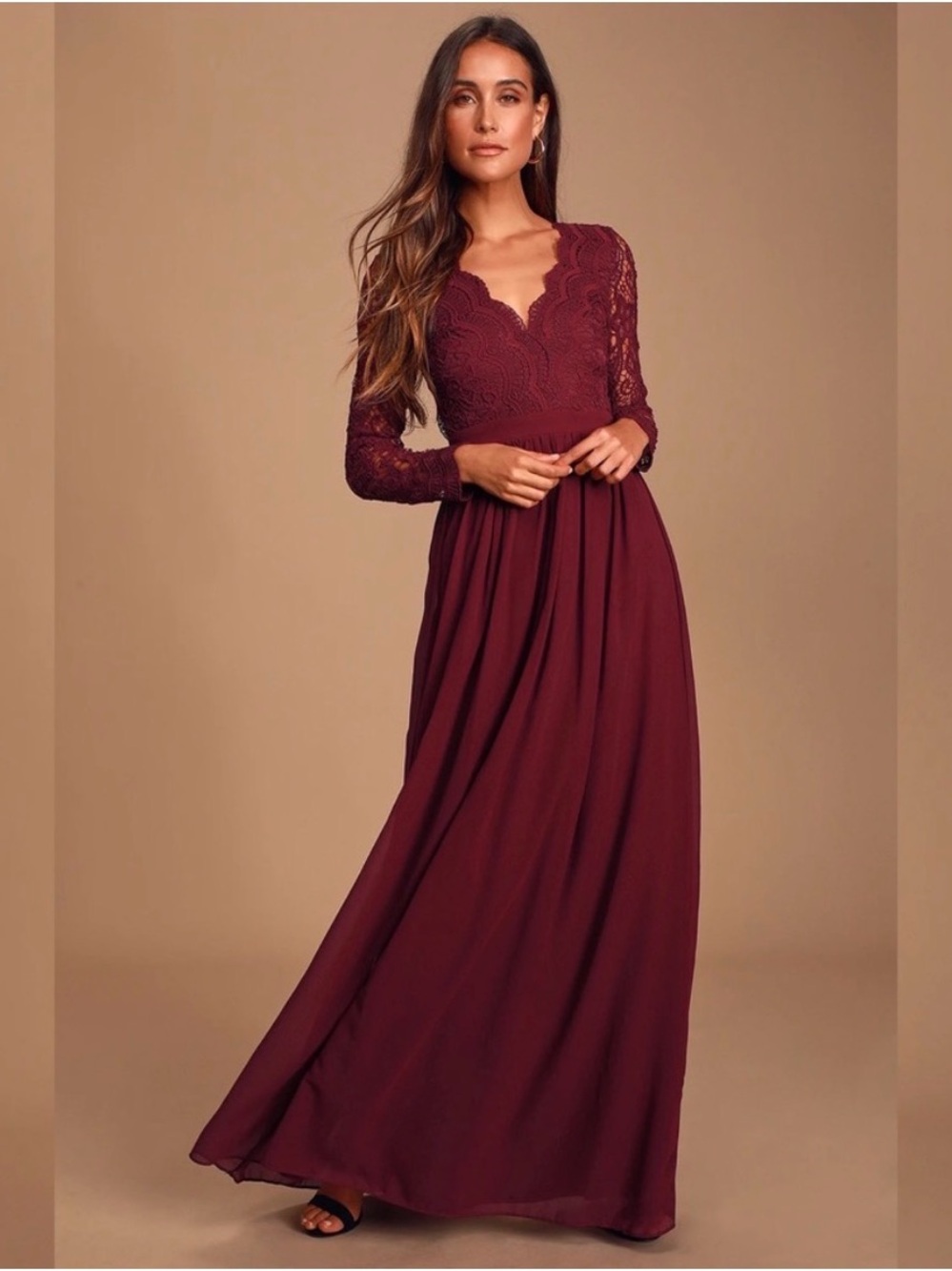 Lulus Awaken My Love Burgundy Dress Womens Size Small Maxi Long Sleeves Lace Red